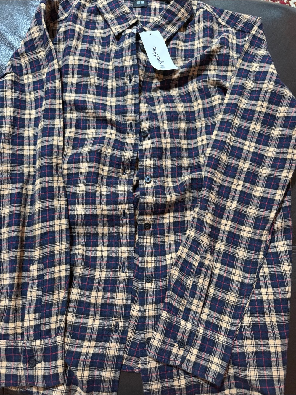 Uniqlo Navy, Beige and Burgundy Plaid Button-Down Shirt